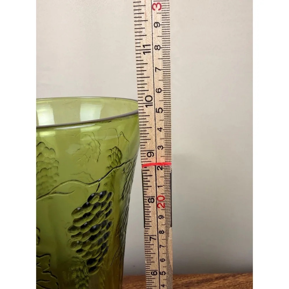 Vintage Avocado Green Indiana Glass Grape Harvest Footed Vase Mid Century 8.25in